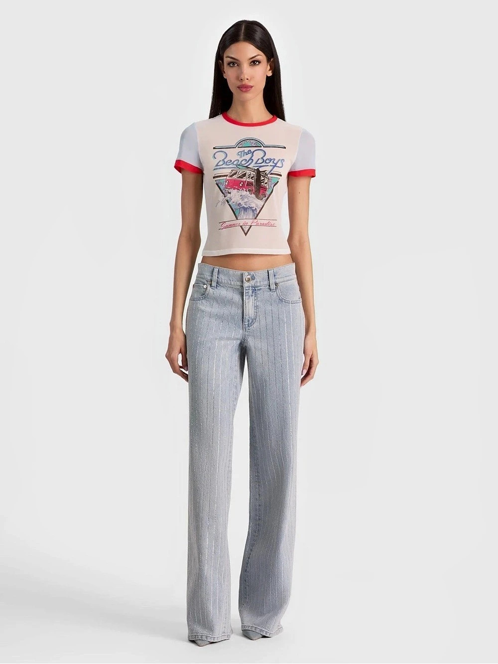 Alice + Olivia Tess The Beach Boys Graphic Mesh T-Shirt Tee White & Red Small